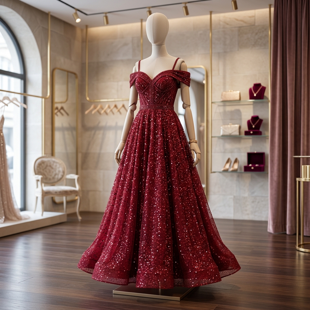 Ruby Red Sequin Evening Party Frock